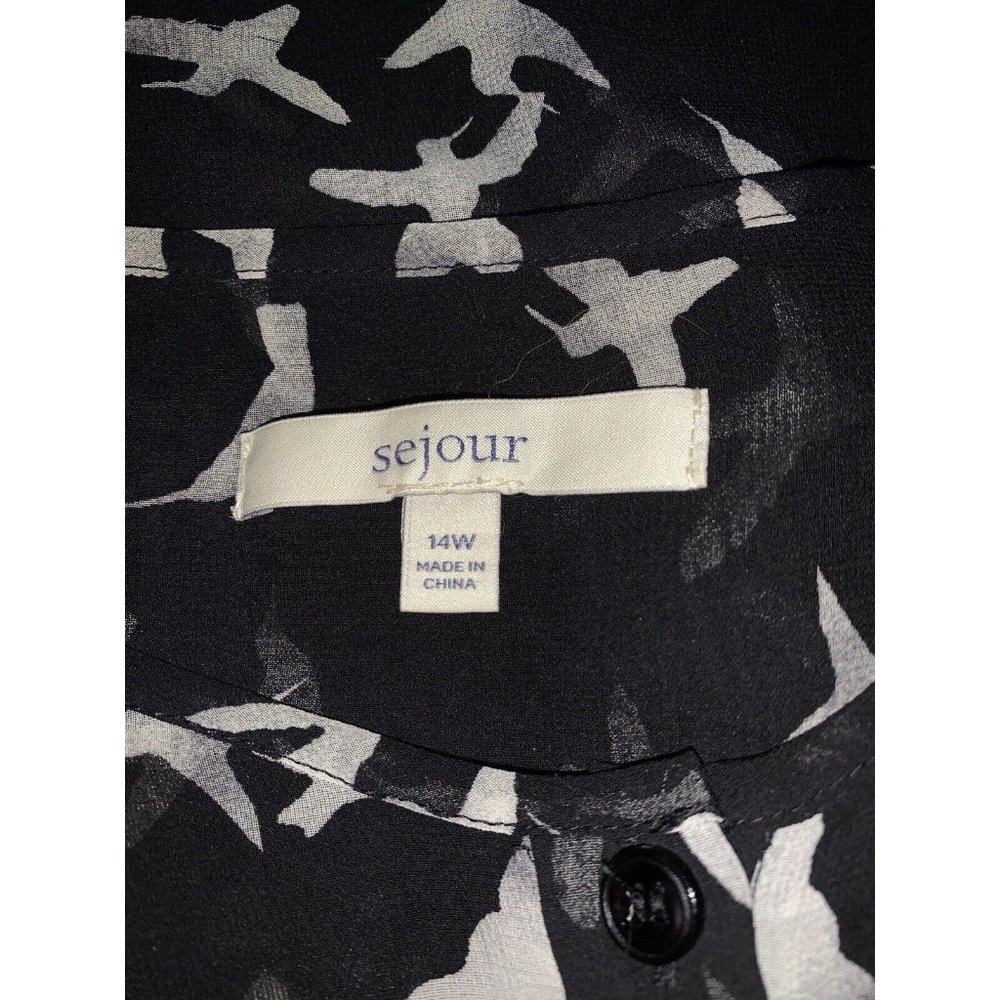 Sejour Blouse Sz 14W Plus Black Ivory Birds Pintucked Button Front Sheer VGUC - Picture 8 of 10